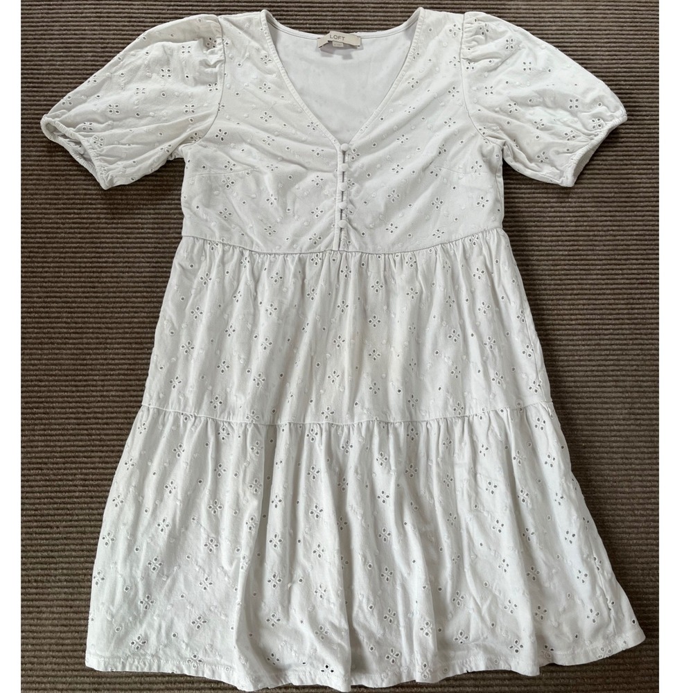 Loft White Eyelet Tiered Mini Dress V-Neck Puff Sleeve Cotton Size Small